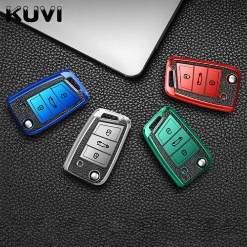 Leather+TPU Car Key Case For VW for Volkswagen MK7/GTI 7/Golf 7/Golf R Skoda Octavia A7 SEAT Folding Remote Fob Cover Keychain