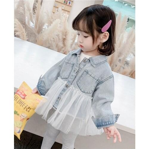 Childrens Coat Spring Mesh Lace with Denim Jackets for Baby Girl 2021 New Childrens Short Lapel Coats Kids Outwear Autumn