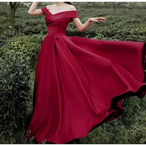 Long Red A-Line Satin Off Shoulder Evening Dresses V-Neck Floor Length Elegant Corset Back Pleated Formal Party Gowns for Women