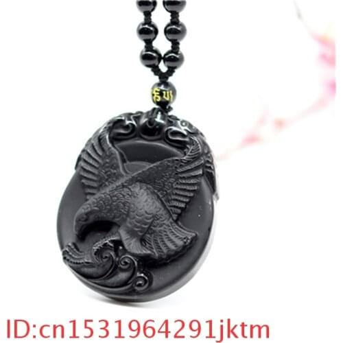 For Amulet Natural Gifts Fashion Chinese Charm Carved Beads Women Jade Necklace Eagle Jewelry Black Obsidian Pendant