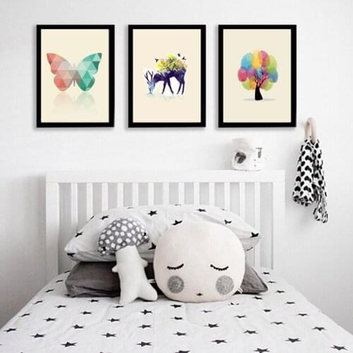 Butterfly and Deer Canvas Art Print Oil Painting Poster, Tree Print natural Wall Pictures For Home Wall Decor