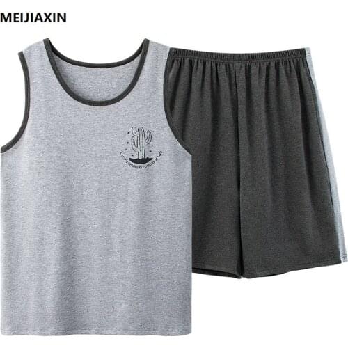 Summer Pajamas For Men Sleepwear Vest Pajama Man Knitted Cotton Tracksuit Sleeveless Round Neck Plus Size Mens Clothing
