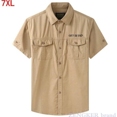 Summer cotton short-sleeved Frock shirt mens plus size shirt brand mens button up shirt Workwear multi-pocket shirt 6XL 7XL