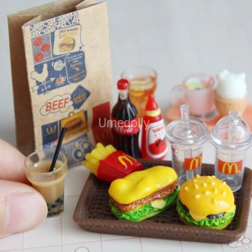 Mini 1/6 Miniature Dollhouse Hamburger Coke Cup Fast Food for Blyth Barbies Doll House Play Kitchen Ice Cream Accessories Toy