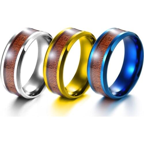Fashion Gold/Blue/Silver Inlaid Acacia/Teak Solid Wood 316L Stainless Steel Wedding Ring, Mens and Womens Engagement Jewelry