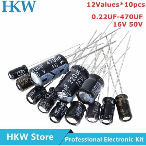 120pcs 1set of 120pcs 12 values 0.22UF-470UF 16V 50V Aluminum electrolytic capacitor assortment kit set pack