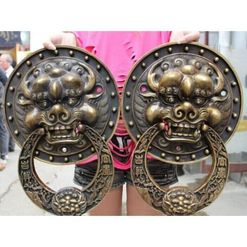 Wholesale factory 18" Chinese Copper Temple Guardion Dragon Head Statue Folk Door Knocker Pair