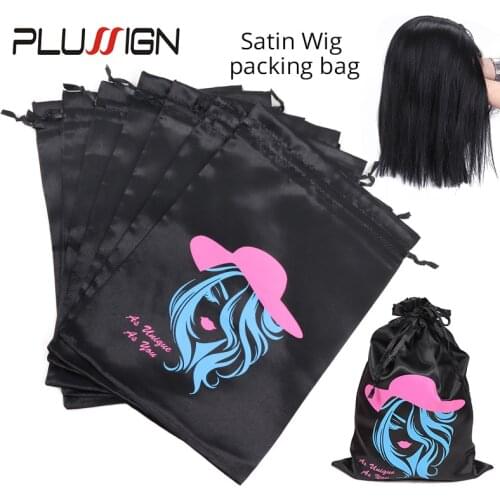 Plussign Satin Bags For Packageing Hair Big 10*14 Inch For Long Hair Extension And Wigs Satin Drawstring Bag 3Pcs Black Color