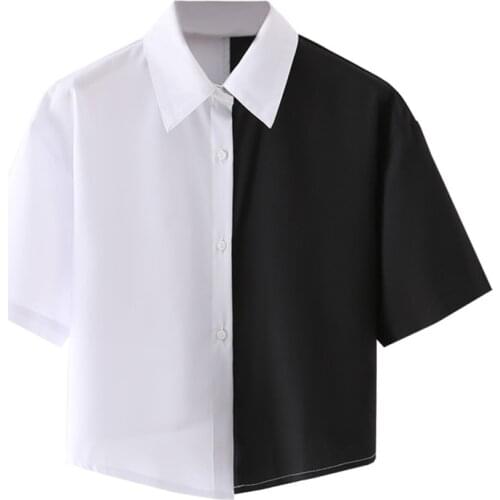 TRAF Women 2021 Fashion Oversized Patchwork Blouses Vintage Lapel Collar Short Sleeve Pockets Loose Female Shirts Streetwear