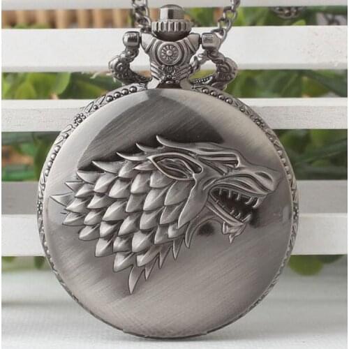 Vintage Bronze gray Wolf sculpture Fashion quartz Flip clock pendant mens and woman gift Necklace pocket watches PO589