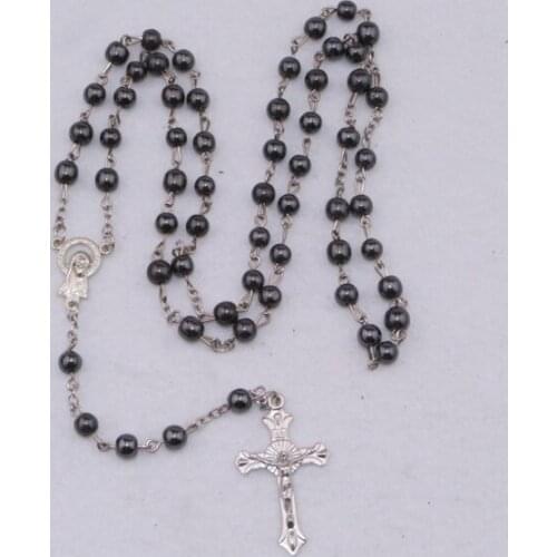 High Qulity Rosary Cross Pendant Necklace Black Religious Rosarie black Hematite beads Necklace For men
