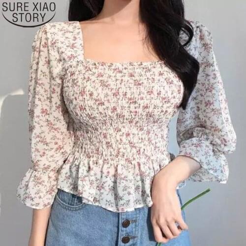 2021 Korean Sweet Floral Print Chiffon Blouse Women Tops Casual Spring Flare Sleeve Pleated Backless Square Collar Clothes 10280