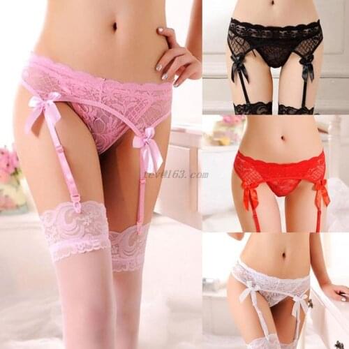 Womens See Through Mesh Sheer Suspenders Floral Lace Bowknot Embellishment Adjustable Thigh-Highs Garter Belt Solid Color Linger