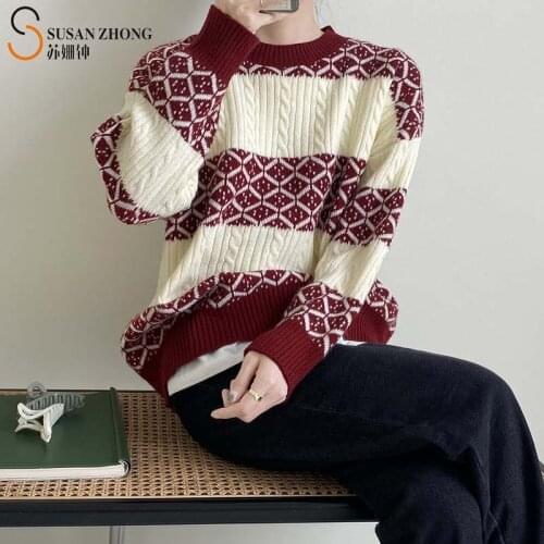 Women Pullovers Female Sweater Christmas Collection Stripe Oversize Batwing Sleeve Drop Shoulder Round Neck Autumn Winter Casual