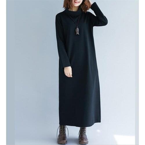 Plus Size Women Autumn Winter Dress S-7XL Turtleneck Full Sleeves Long Maxi Dress Vintage Cotton Dress Female Casual Vestidos