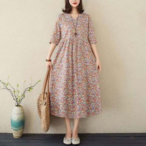 Women Cotton Linen Casual Dress New Arrival 2021 Summer Vintage Style V-neck Print Loose Comfortable Female Long Dresses S3683
