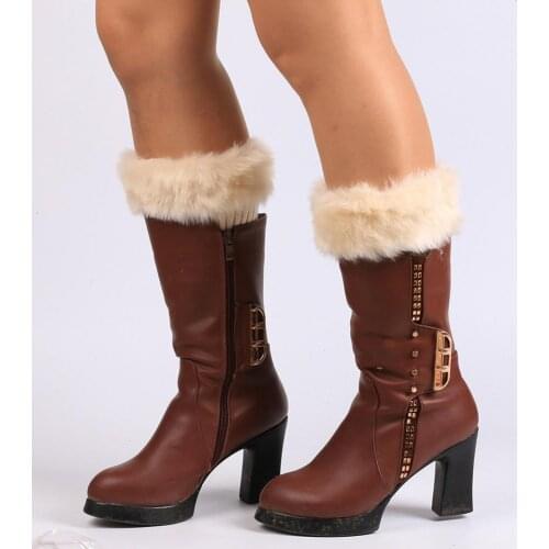 Winter Women Solid Color Faux Fur Cuff Crochet Knit Boots Sock Short Leg Warmers