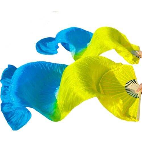 100% Real Silk Dance Fans 1 Pair Bamboo Ribs Handmade Dyed Silk Long Belly Dance Fans Dance Yellow+Turquoise 150/180x90cm Fans