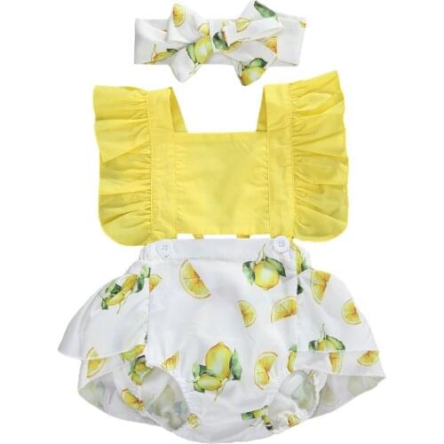 2020 Summer Baby Girls Clothing Set Toddler Square Collar Cartoon Lemon Print Romper Sweet Jumpsuits + Headband 0-2T Clothes Set