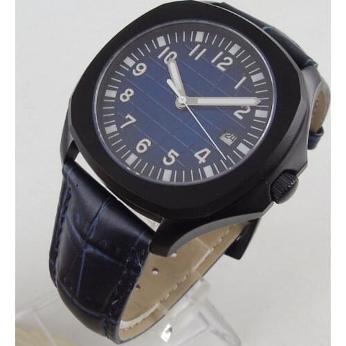 39mm Fashion Dress Miyota Automatic Mens Watch Blue sterile dial With black PVD Watch Case Sapphire Glass Leather Strap