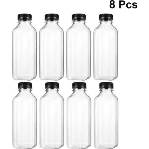 8Pcs PET Plastic Empty Storage Containers Bottles with Lids Caps Beverage Drink Bottle Juice Bottle Jar (Black Caps)
