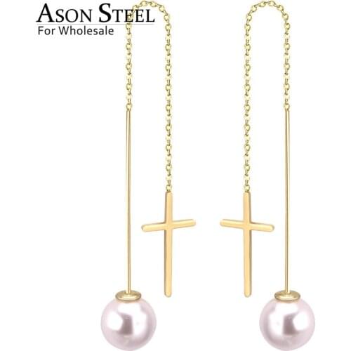ASONSTEEL Long Line Link Chain Imitation Pearl Dangle Earrings for Women Gold Color Cross Earrings Female Bijoux Pendientes