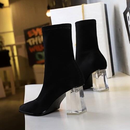 BIGTREE New High heels boots ankle boots women shoes fashion nightclubs transparent crystal square heads clear heel Sexy booties