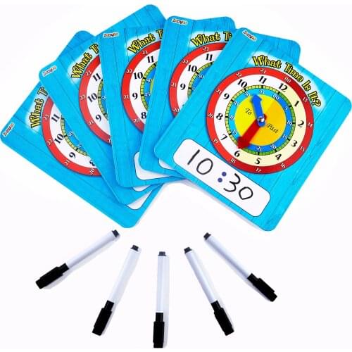 ZazzyKid Time Learning Clock for Kids: Pack of 5 Clocks (20.8 x 18cm) + 5 Erasable Markers – Teach Children to Tell Time
