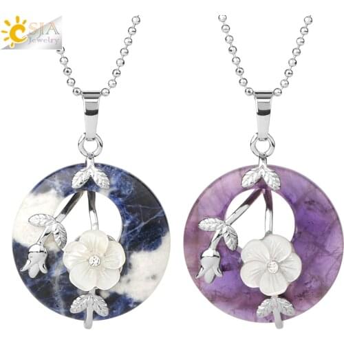 CSJA Natural Stone Round Pendants Necklaces Healing Crystal Silver-color Carved Flower Leaf Turquoises Women Trendy Jewelry G385