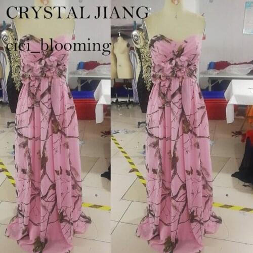 Long Chiffon Pink Camo Bridesmaid Dress With Handmade Flowers