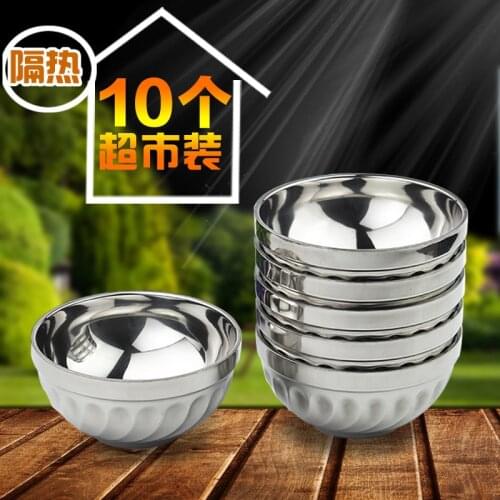 Stainless steel double layer anti scalding heat insulation bowl children rice soup noodle large small household tableware 10pcs