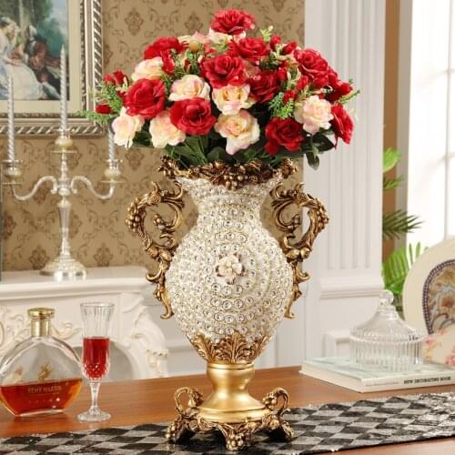 European Palace Luxury Diamond Large Resin Vase Figurines Home Decoration Crafts Hotel Retro Artificial Flower Arrangement Art
