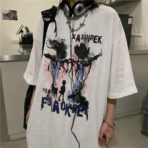 Harajuku T-shirt Summer Anime Casual Gothic Kawaii Hip Hop Letter Print Tee Shirt Ulzzang White Short Sleeved Casual Women Tops