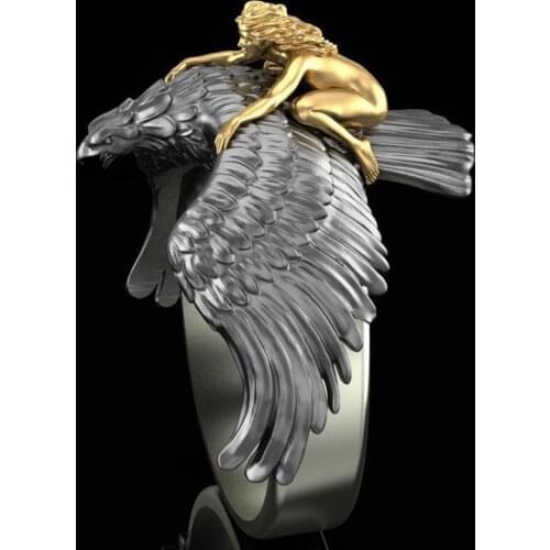 Gold Flying Girl on The Eagle Animal Mens Ring Vintage Black Punk Biker Wing Eagle Rings for Women Hip-hop Jewelry Bague Homme