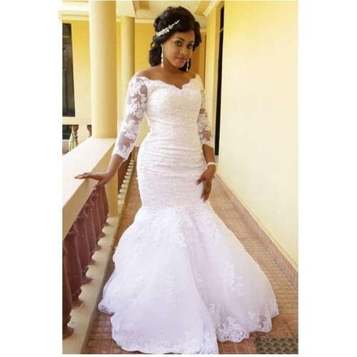 V Neck Lace Mermaid Wedding Dresses Illusion Long Sleeve Appliques Plus Size African Garden Chapel Bridal Gowns Vestidos De Novi