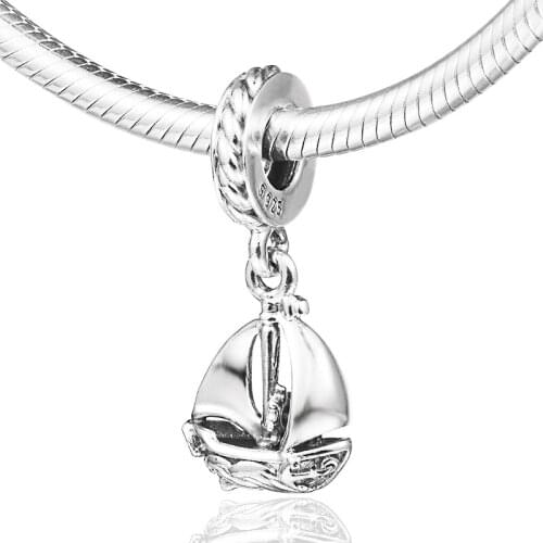 Summer Ocean Sail Boat Dangle Charm 100% Sterling Silver Jewelry Fits Original European Bracelets & Necklace Woman DIY Beads