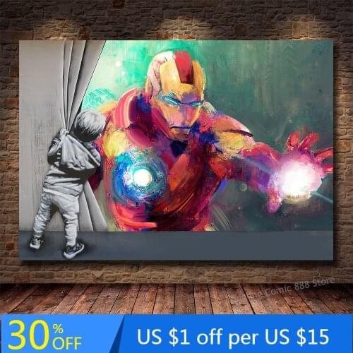 Boy watching Marvel behind the scenes Street art wall Iron Man graffiti posters Living room canvas art decoration Cuadros Decor