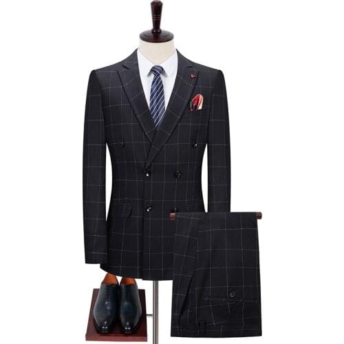 Jacket + Pants 2 Pieces Sets Fashion Plaid Men Business Casual Suits Male Double Breasted Blazers Coat + Trousers S-3XL