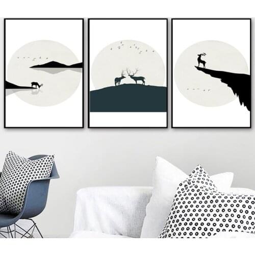 Abstract Deer Moon Bird Flock Wall Art Canvas Painting Nordic Posters And Prints Animal Wall Pictures For Living Room Home Decor