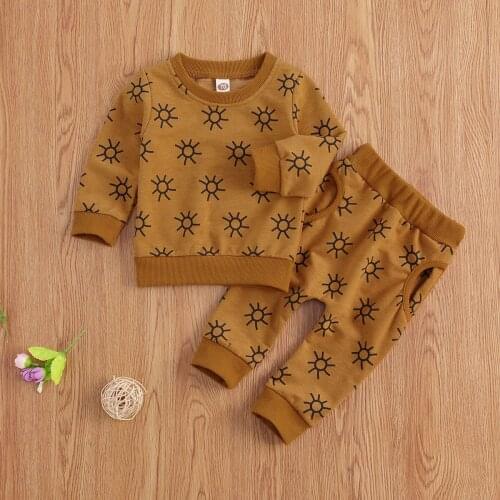 New Infant Baby Boys Two Piece Set Round Neck Long Sleeve Toddler Little Sun Printing Seam Edge Kids Pants Outfits
