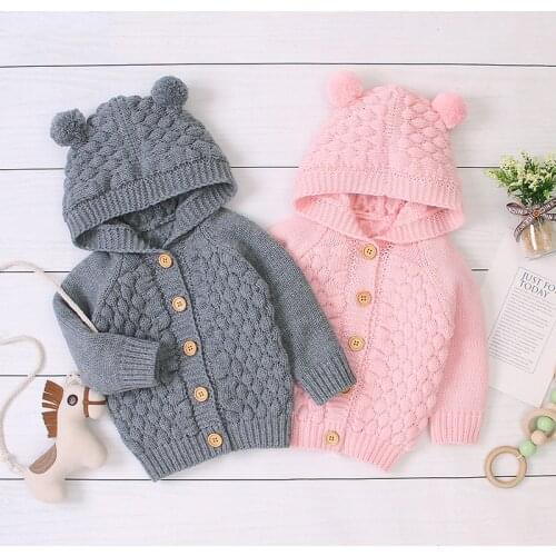 2020 New Winter Children Clothing Solid Color Sweater Boys Coat Wool Ball Hooded Knitted Coat Girls Clothes For 0-2 Years Old