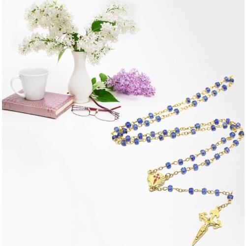 Handmade Crystal Beads Rosary Necklace Catholic Prayer Jesus Cross Necklace for Men Women Jewelry Charm Gifts