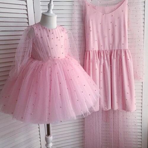 Pink Flower Girls Dress Beaded Tulle Baby Girls Birthday Dresses Kids 1 year Ceremony Infant Girls Clothes