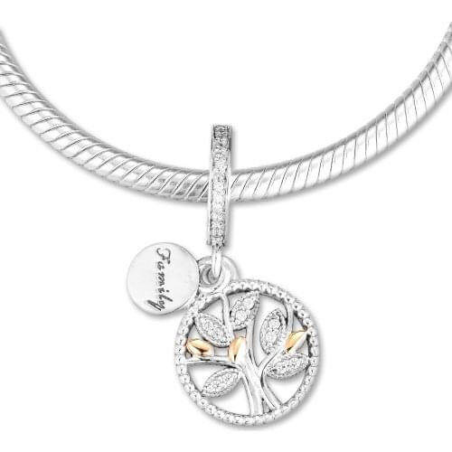 Fits Pandora Charms Bracelets Family and Leaves Beads with 100% Authentic 925 Sterling Silver Jewelry Free Shipping