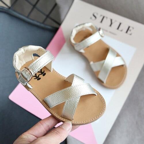 Toddler Girls Birthday Gold Sandals Cross Kids Leather Soft Solid Shoes Children Black White Dress Sandals Princess Ankle Strap
