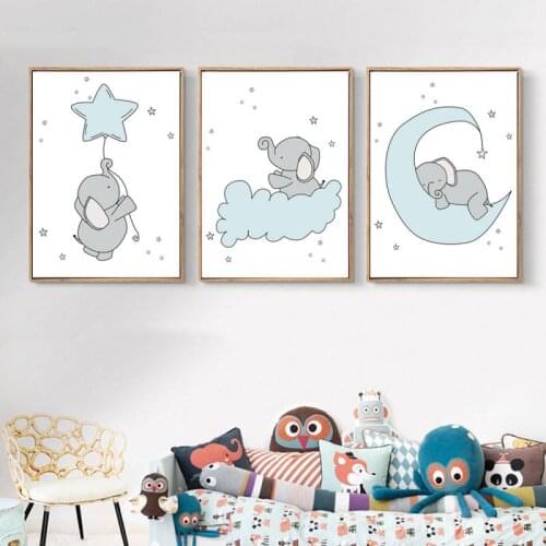 Nordic Elephant Print Painting Cartoon Picture Boy & Girl Baby Room Home Decoration Animal Painting Star Moon Nursery Poster
