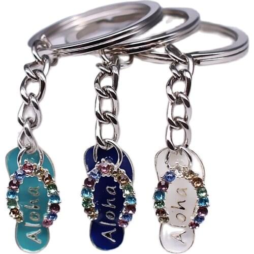 Alloy Metal Enamel and Crystal Aloha Slipper Charm Key Chain flip flops Key Rings Travel Beach Jewelry