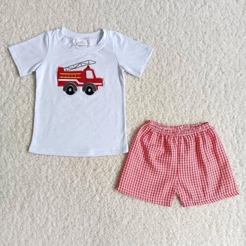 Summer Boy Short Sleeve Top Match Seersucker Shorts 2Pieces Set Kids Cute Cartoon Print Outfits Fashion Embroidery Clothes