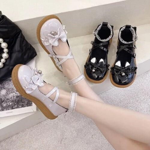 Ladies Sweet Cat Lolita Mary Jane Flats Women Kawaii Cute Leather Lace Bowknot Shoes Fashion Designer Platform Black Loafers