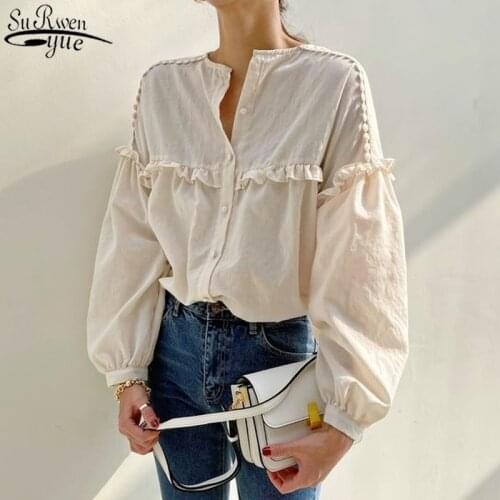 Autumn Korean Ruffled Loose All-match Long Sleeve Womens Shirt Sweet White O-neck Single Breasted Pleated Stitching Shirt 11011